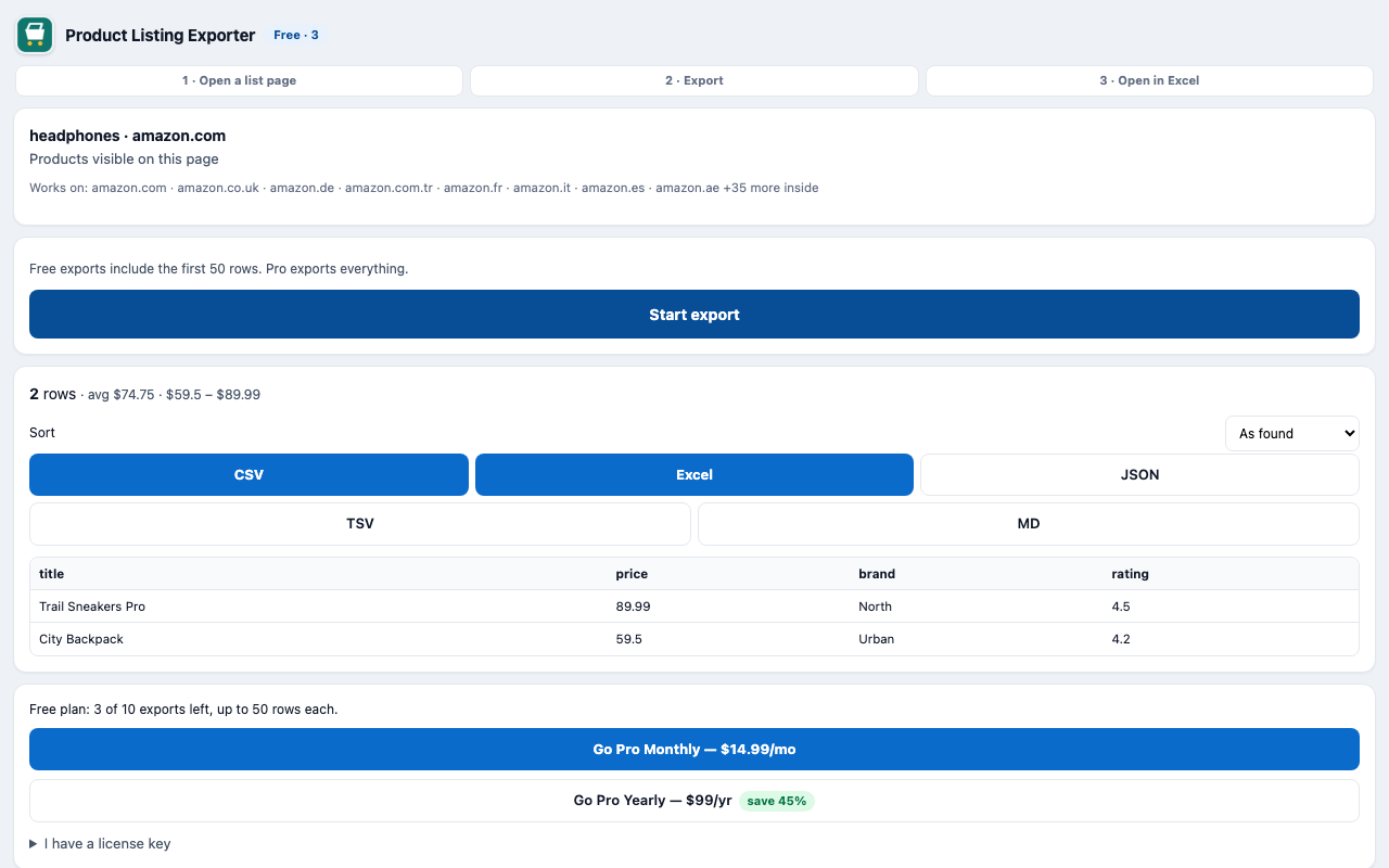 Product Listing Exporter side panel exporting Amazon results to CSV and Excel