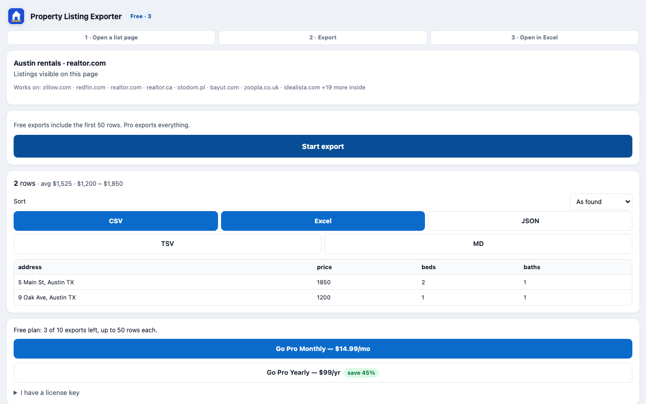 Property Listing Exporter side panel exporting rental listings to CSV and Excel